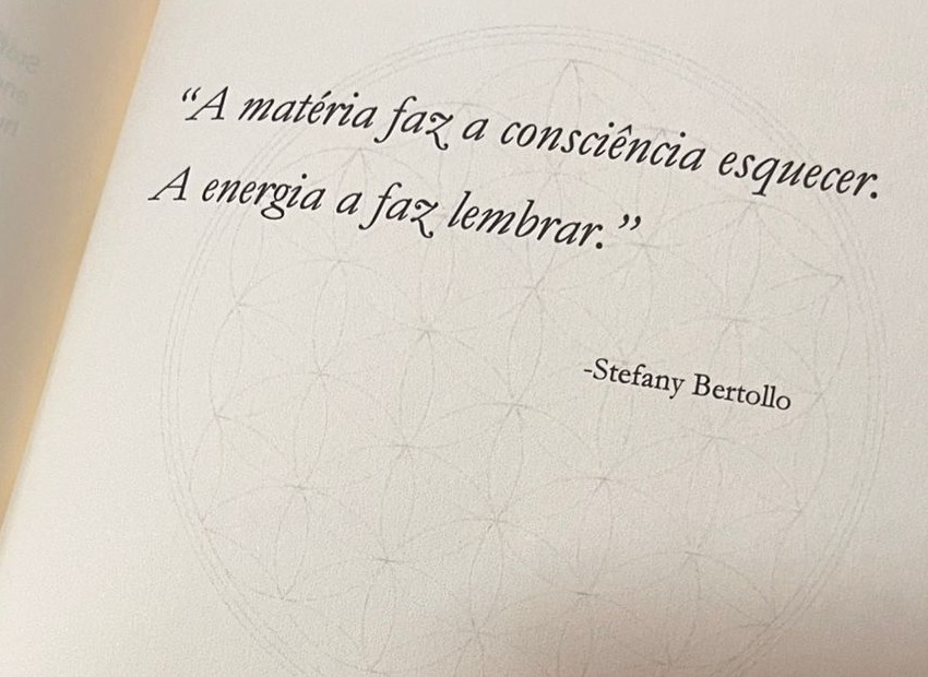Página do livro com a frase: A matéria faz a consciência esquecer. A energia a faz lembrar. — Stefany Bertollo