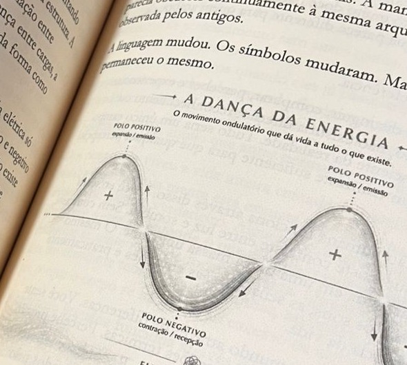 Página interna do livro mostrando o diagrama A Dança da Energia, sobre a Lei da Polaridade
